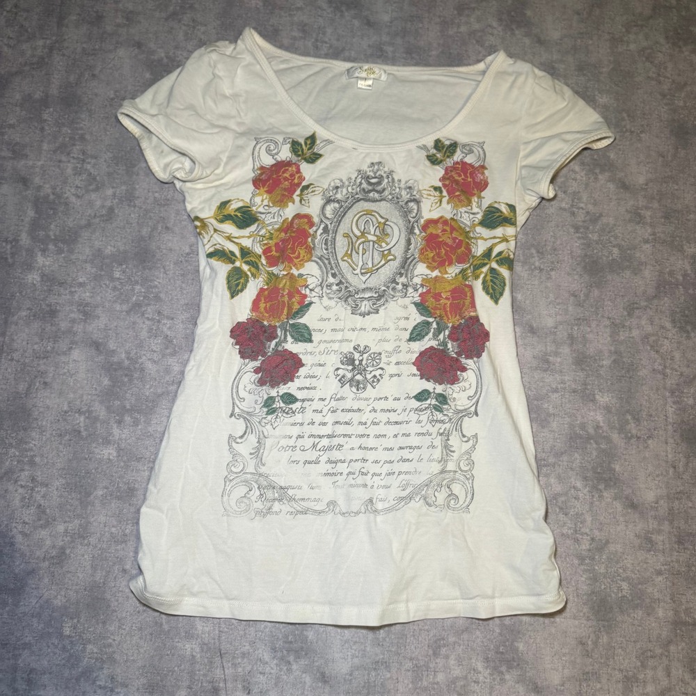 Southpole Womens Cream Graphic Tee Red Gold Roses French Script Y2K Size Large